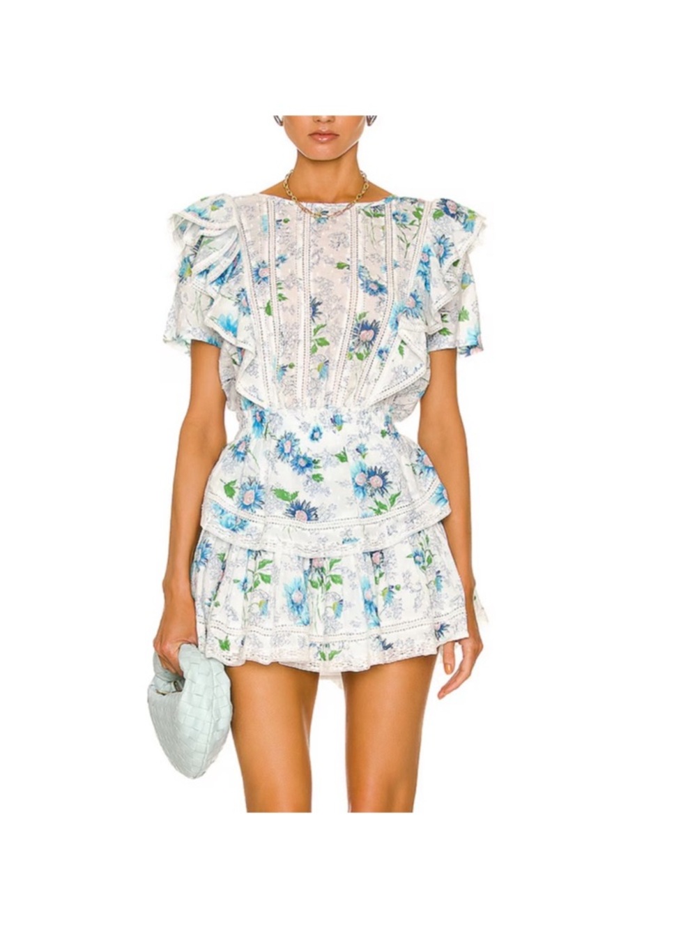 Love Shack Fancy Natasha White Floral Lace Mini Dress with Blue & Green Flowers